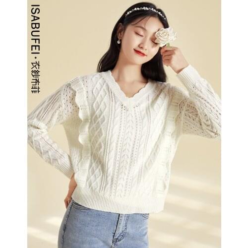 2021 early autumn new solid color hollow sweater womens ruffled striped red knit sweater top
