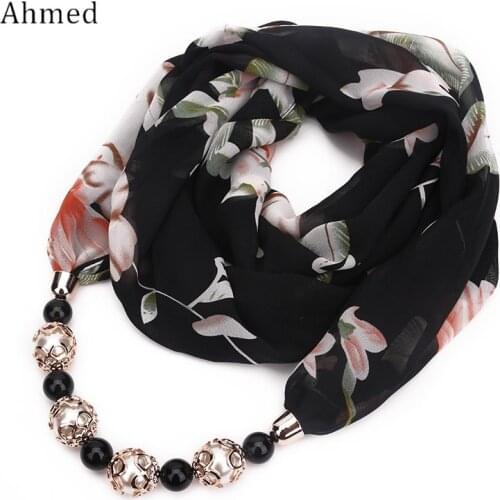 Ahmed New Fashion Head Scarves Printing Flower Pattern Chiffon Beads Scarf Necklace For Women Maxi Statement Necklaces Jewelry