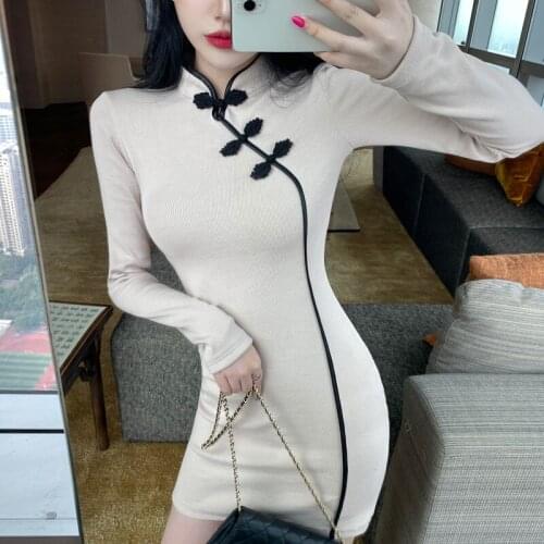 Chinese Women Style Retro Cheongsam Dress New Long Sleeve Sexy Mini Club Dress Mandarin Collar Slim Knitted Party Dress Vestidos
