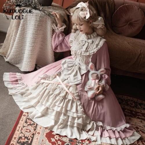 Lolita OP Dress For Girls Kawaii Long Sleeve Palace Vintage Exquisite Ruffles Bows Party Cosplay Costumes Women Sweet Cream Pink