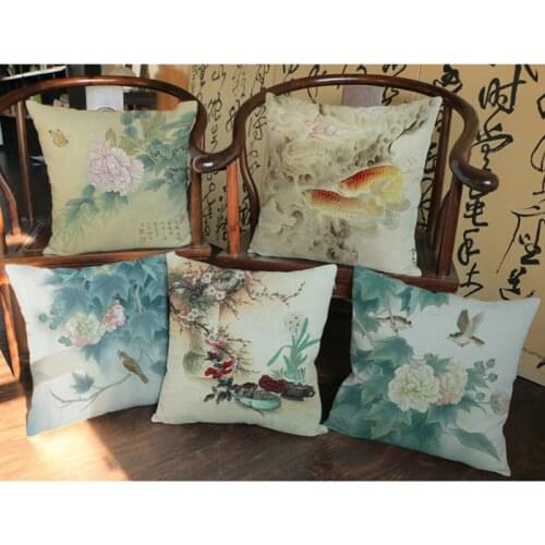 Chinese Style Famous Vintage Ink Painting Flower Bird Cushion Throw Pillows Cotton Linen Home Decoration Sofa Chair Pillowcase