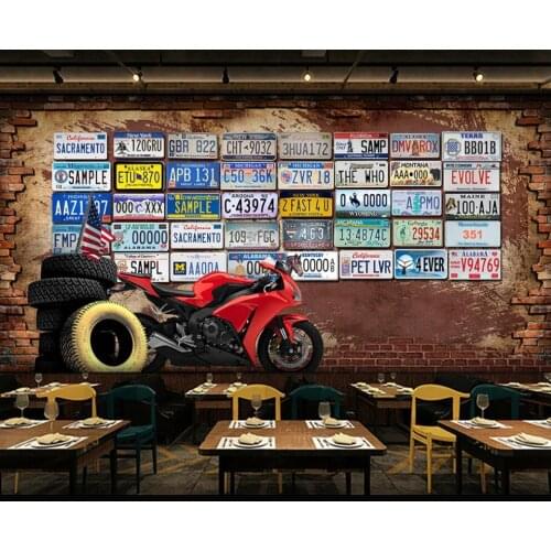 Custom photo mural 3d wallpaper Nostalgic Retro Brick Wall License Plate Motorcycle room 3d wall murals wallpaper for home decor