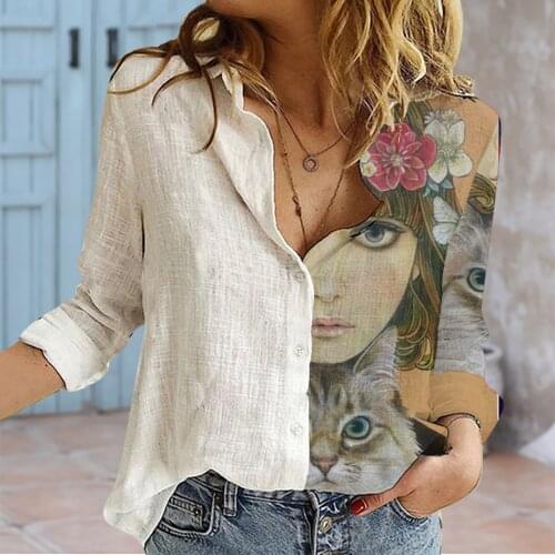 Casual Cotton Linen Shirts Button Lapel Top Lady Autumn Long Sleeve Shirt Womens Blouses Mujer Fashion Printing Chemise Femme