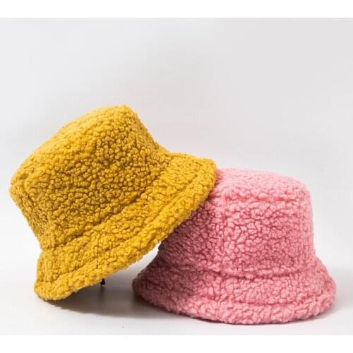 QCOOLJLY New Winter Fisherman Hats Women Bucket Hat Outdoor Streetwear Lamb Hair Outdoor Plush Fashion Hats