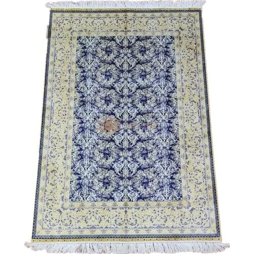 Seeykeep™ 4.5x6.5ft Rectangle Pure Silk Handknotted Unique Floral Design With Navy Blue Backolor Rug-SK3036171