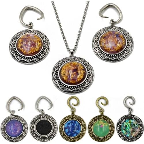 Showlove-1 Set Brass Vintage Mother of pearl Ear Gauge Expander Ear Weight+Necklace Chain Pendant Body Piercing Jewelry For Gift