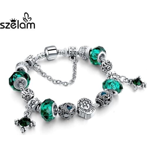Szelam 2019 New Green Crystal Charm Bracelet Women Vintage Silver Bracelets Bangles Diy Jewellery Pulsera SBR160103