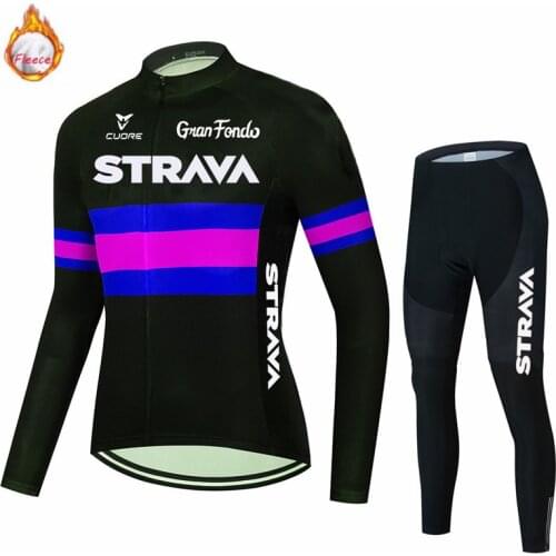 STRAVA Cycling Jersey 2021 Winter Thermal Fleece Cycling Clothes Mens Jersey Suit Sport Riding Bike MTB Clothing Warm Bib Pants