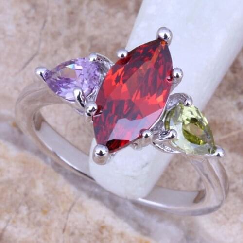 Splendid Garnet Cubic Zirconia Peridot Silver Plated Womens Ring Size 6 / 7 / 8 / 9 R0872