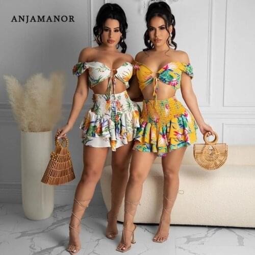 ANJAMANOR Floral Print Chiffon Two Piece Set Women Ruffle Mini Skirts with Crop Top Sexy Vacation Outfits Summer 2021 D72-CH20