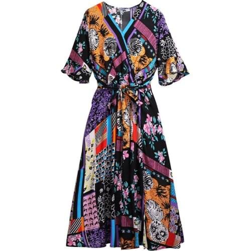 Oversize Women Summer Printed Dress Fashion V-neck Short sleeve A-line Dress Plus size 6XL Female Casual Belted Slim Dress G957
