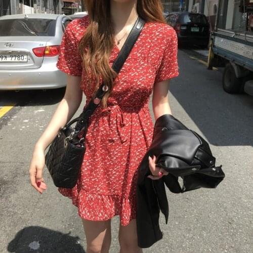 Obrix Sweet Light Chiffon Female Dress V-Neck Short Sleeve Waist Sashes Short Length Ruffles Dress For Women