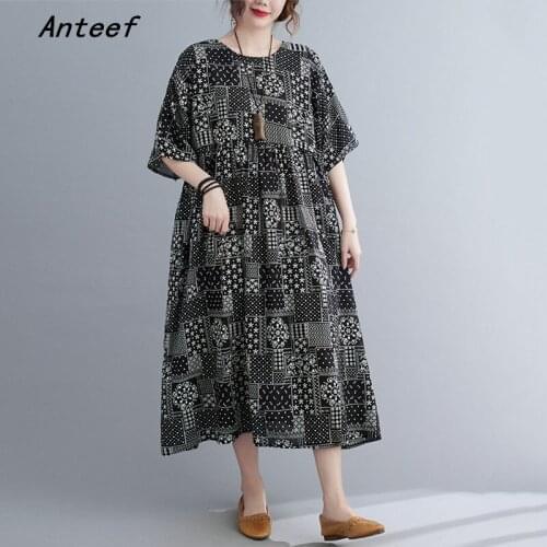 Short sleeve cotton vintage floral dresses for women casual loose long woman summer dress elegant clothes 2021