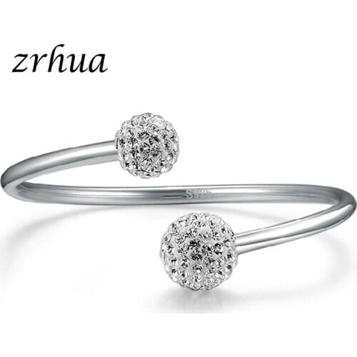 ZRHUA 925 Sterling Silver Jewelry Zircon Rhinestone Ball Twisted Model Silver Cuff Bracelets & Bangles Double Round Femme Bijoux