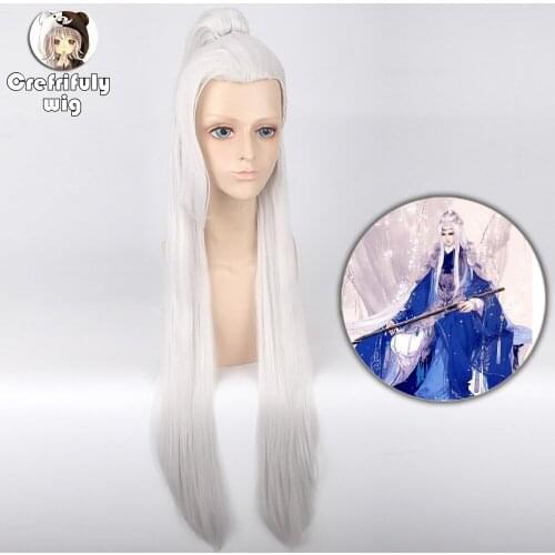 110cm Eternal Love Straight Long White Cosplay Wig With One Claw Ponytail Synthetic Hair Halloween Costume Wigs For Men Women