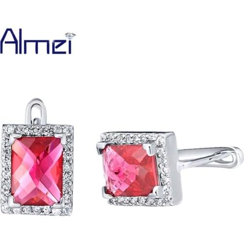 Almei 15% Bijoux Red Rainbow Stone Square Stud Earrings Silver Color Jewelry Wedding Woman Vintage Retro Earring Brincos R194