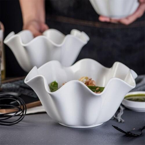 White Ceramic Irregular Salad Bowl Curling Edge Creative Dinner Plates Ceramic Fruit Kitchen Decor Dishware Platos De Cena