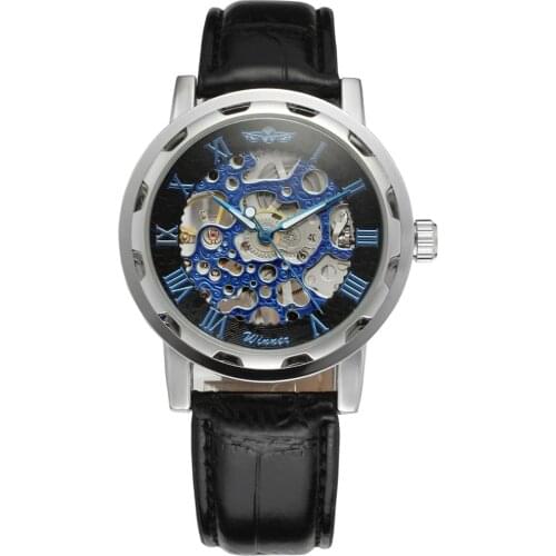 WINNER Fashion trend mens and womens watches hollow creative dial leather strap automatic mechanical watches
