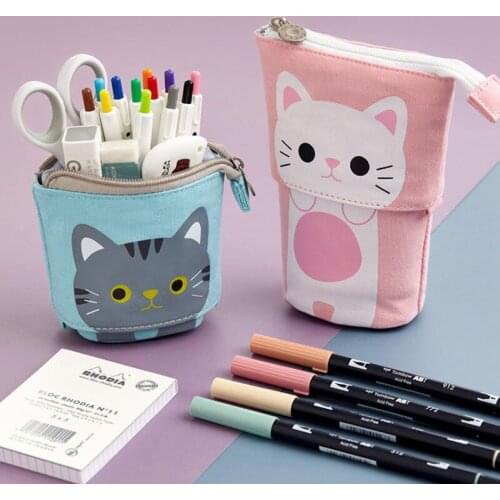 Pencil Case Cute Cartoon Canvas Bag Fold Standing Holder Stationery Organizer for Boys and Girls NK-Shopping