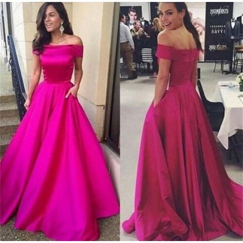 Elegant Long Off Shoulder Satin Evening Dresses with Pockets A-Line Corset Back Rose Red Abendkleider Robes De Soirée for Women