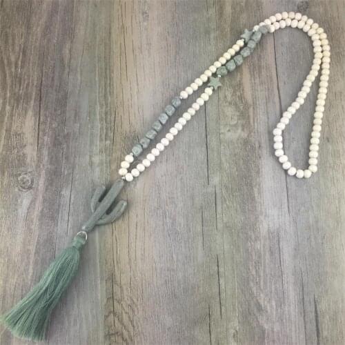 Fashion Boho Wood Stone Bead Ethnic Cactus Necklace Bohemian Tassel Tribal Jewelry
