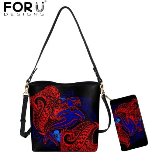 FORUDESIGNS 2pcs Set Women Bucket Bag And Purse Polynesian Samoan Tribal Print Female PU Lether Messenger Sac Shoulder Bolsas