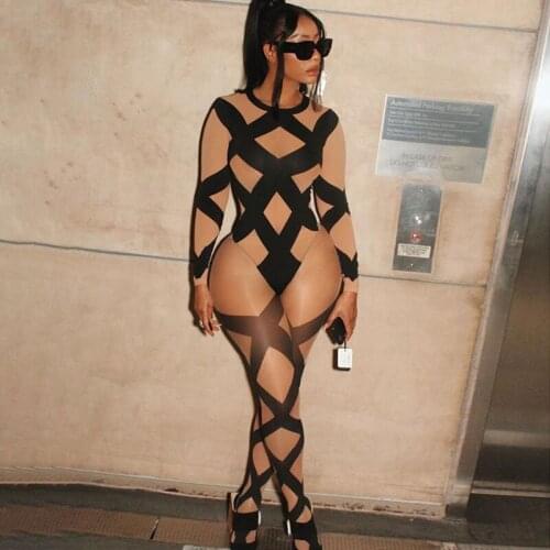 Color Block Striped Print Sheer Bodysuit Two Piece Set Sexy Mesh See Through Bodysuit Top + Pants Night Club 2 Piece Set Outfits