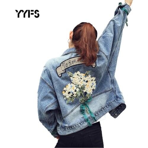 2020 Autumn Embroidery Denim Jeans Jacket Coat Female Flower Cowboy Loose Streetwear Jackets Women Chaqueta Mujer Large Sizes