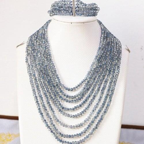 Fashion blue crystal glass 4x6mm beads 8 rows chain necklace 5 rows bracelet jewelry set B855