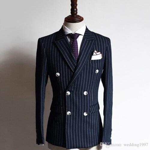 New Arrival Peaked Lapel Navy Blue Stripe Business Formal Men Suits 2 Pcs Custom Made Groom Wedding Tuxedos (Jacket+Pants)