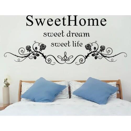 Black Flowers Rattan Wall Art Mural Headboard Sticker Decor Sweet Home Sweet Dream Sweet Life English Words Wall Quote Decal