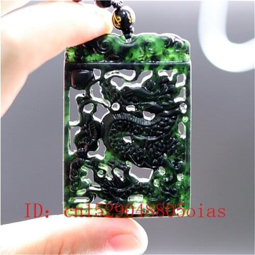 Natural Black Green Chinese Jade Dragon Pendant Necklace Charm Jewelry Double-sided Hollow Carved Amulet Gifts for Her