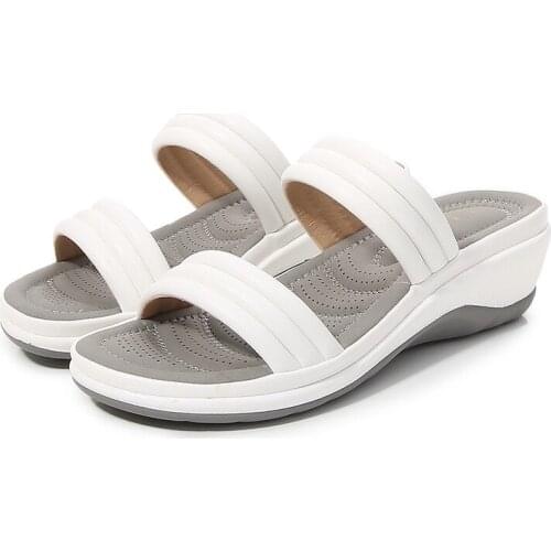 Fashion PU Slippers Women Summer Round-Toe 5cm Soft Wedge Heel Breathable Slip-Ons Lady Concise Beach Sandals Woman Casual Shoes