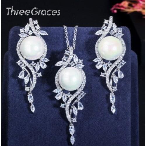 ThreeGraces Elegant White Pearl and Leaf CZ Zircon Long Dangle Earrings Necklace Pendant Engagement Jewelry Set for Women JS122