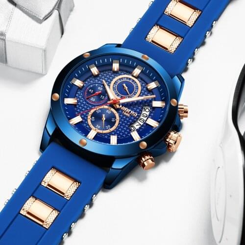 NIBOSI Sport Blue Black Mens Watch Bracelet Silicone Band Quartz Clock Waterproof Luminous Chronograph Relogio Masculino