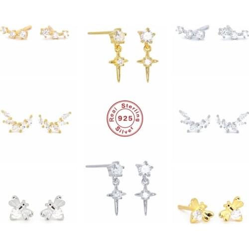 BOAKO 925 Sterling Silver European Style 18k Gold Plated Zircon Line Stud Earrings For Women Leaf Branch Crystal Earring Jewelry