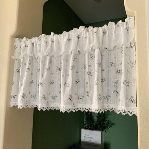Korean Embroidery Short Tulle Floral Kitchen Bathroom Door Curtain with Lace White Green Drapes Pastoral Window Valance Decor