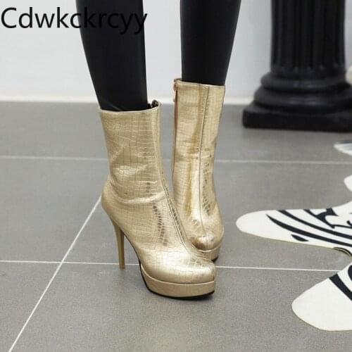 Winter The New fashion Round head Fine heel 12CM Martin boots Gold Silver Sexy Plus velvet Keep warm High heel Women boots 34-46