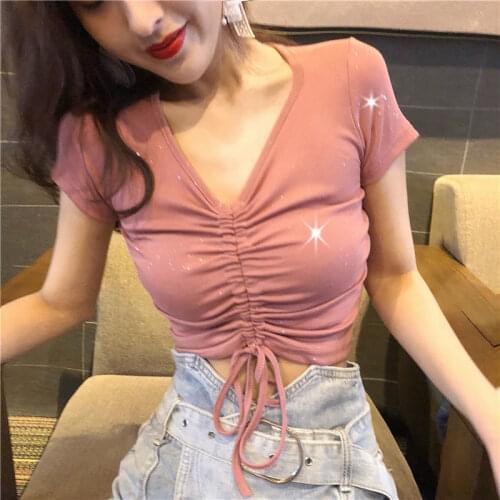 Woman TShirts Spring and Summer Shiny Low Collar Short Sleeve T-shirt Womens Blouse Crop Top Mujer Camisetas