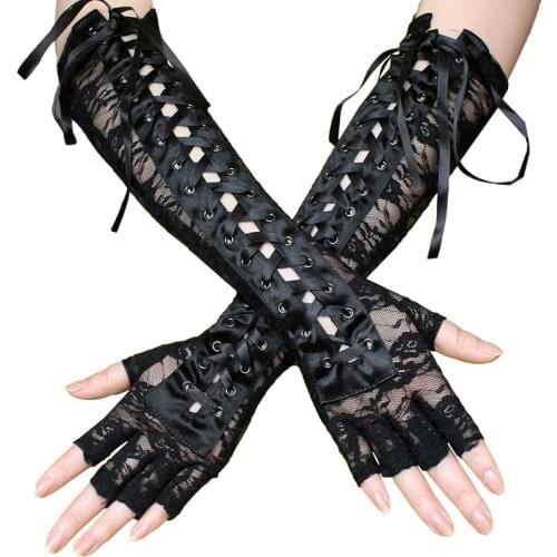 Ladies Sexy Black Lace Long Gloves Fashion Female Solid Color Half Finger Gloves Satin Mittens Women Girls Gloves Woman