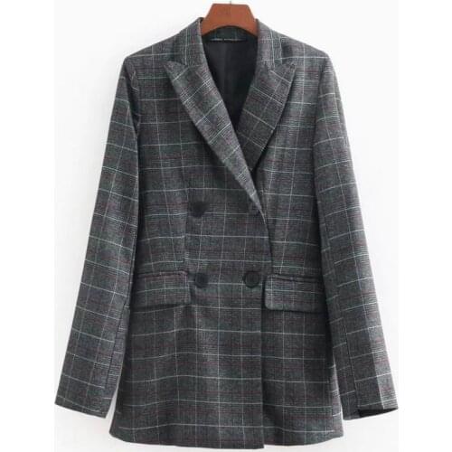 Women Plaid Blazer 2019 Spring New Notched Double Breasted Casual coat Tops Female Blazers