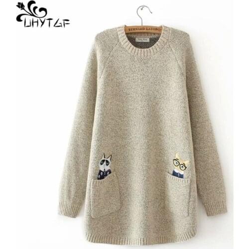 UHYTGF Women Oversized Sweaters Korean Knitted Pullovers Winter O-neck Coats Long Sleeve Jumper Loose Tops Mujer Warm Knits X630
