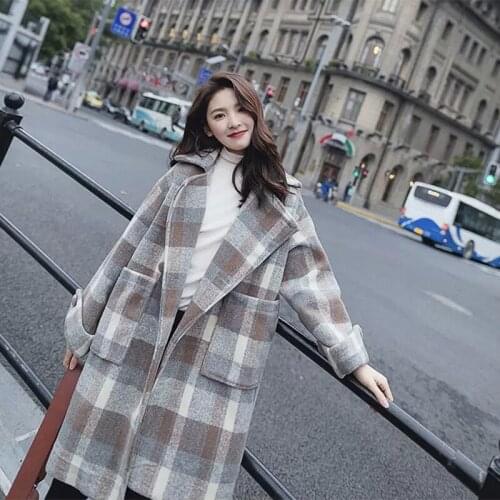 Women Wool Blend Plaid Coats Winter Warm Thick Long Jacket Female Loose Outwear Windbreaker Lady Vintage Autumn Woolen Jackets