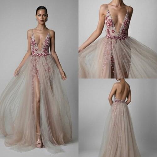 2020 Evening Dresses Sexy V Neck Backless Lace Appliques Sequin Split Special Occasion Gowns Open Back Sweep Train Prom Dress