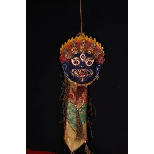16"Tibet Buddhism Old Bronze Tracing Skeleton head Mahakala head statue mask Prayer flags Town House Exorcism