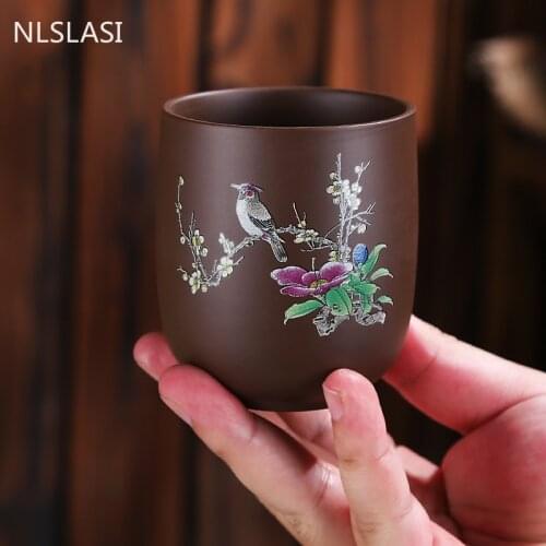 4 Pcs/set Retro Purple Clay Tea Cups Yixing Raw Ore Teacups Hand Painted Flowers Pattern Tea Bowl Teaware Accessories