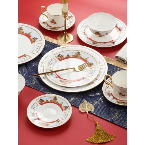 5pcs/Set The Forbidden City Design Ceramic Dinner Plates Pattern Dish Coffee Cup Bowl Dinnerware Set Gold Edge