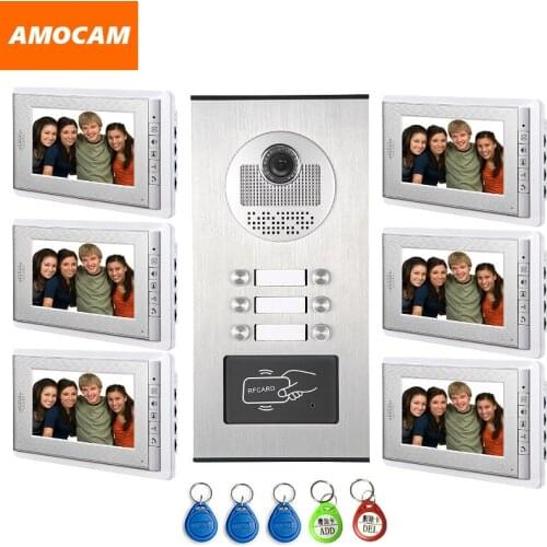 6 Units Video Intercom Apartment Door Phone System HD Camera 7" Monitor video Doorbell with 5-RFID Card Unlock for 6 Household