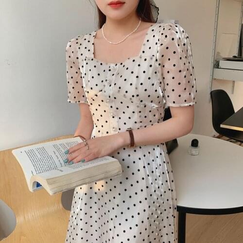One-Piece Korean Fashion WomenS Dress 2021 Summer Elegant Sweet Square Collar Shiny Streamer Polka Dot Casual Party Long Dress