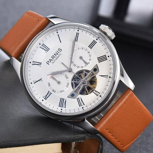 Parnis 43mm Men Watch White Dial AutomaticLeather Strap Date Week Flywheel Function Mechanical Wristwatch Men